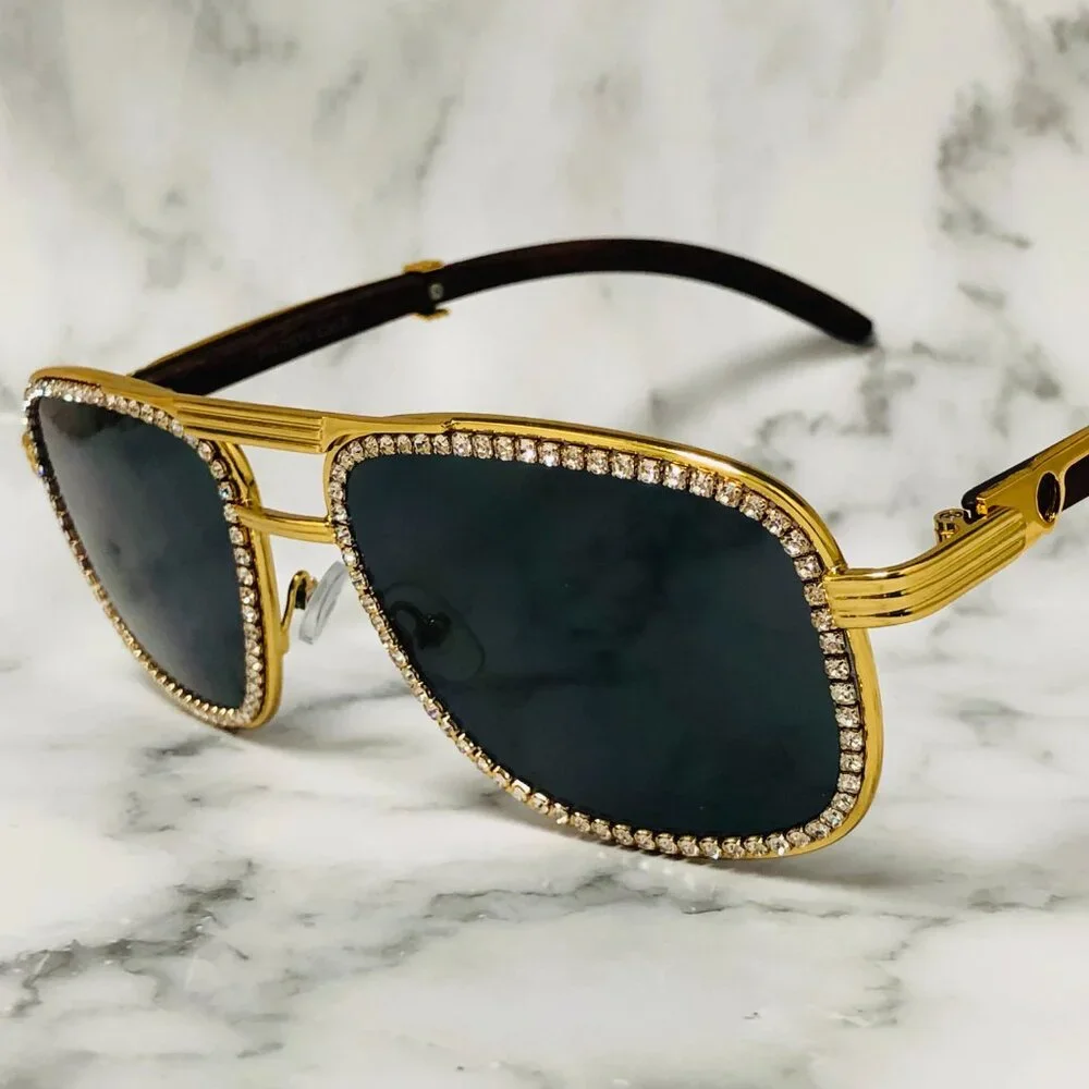 Men Sunglasses Square Black Lens Fashion Diamond Bling Hip Hop‎ Style Lentes New